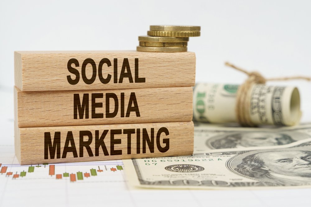 Business and finance concept. On the table are dollars, financial charts and wooden plates on which it is written - SOCIAL MEDIA MARKETING