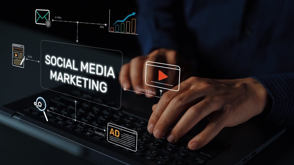 Social media marketing strategy with engagement metrics. Social marketing boosts media visibility. Social media marketing drives traffic. Social media marketing increases engagement. Muxer