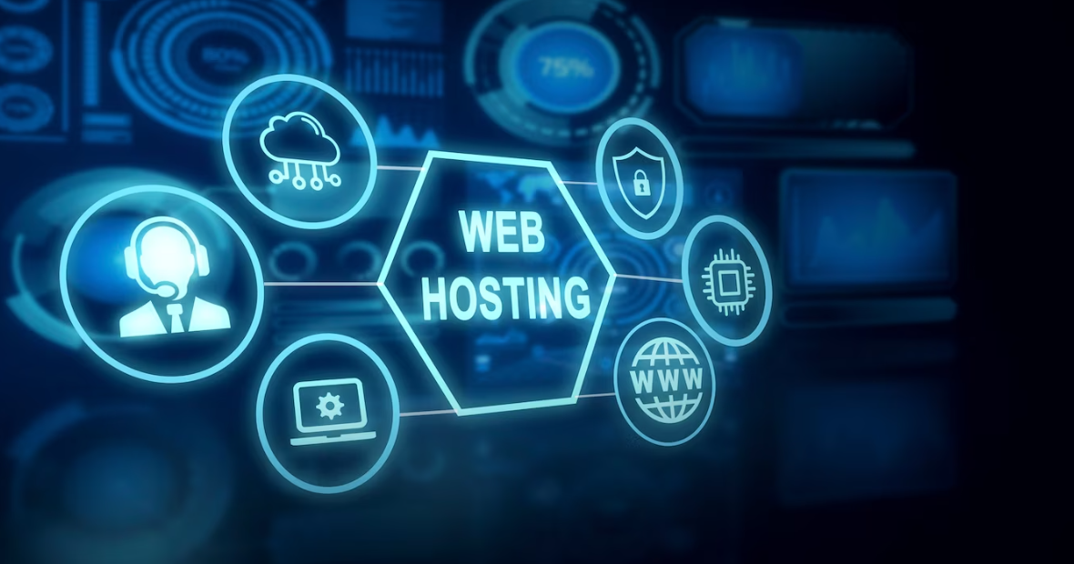 Best web hosting concept showing security, speed, cloud storage, and 24/7 support icons